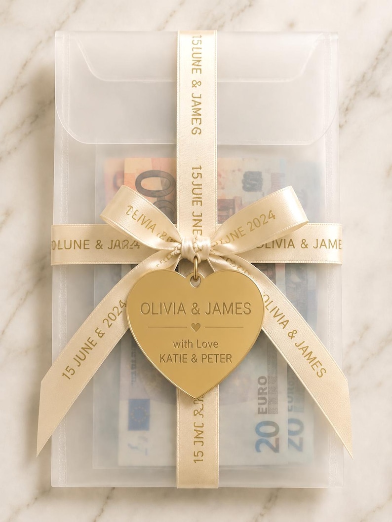 May include: A translucent rectangular envelope containing paper currency, wrapped in a cream-colored ribbon printed with "OLIVIA & JAMES" and "15 JUNE 2024". A gold-toned heart-shaped metal tag is attached, engraved with "OLIVIA & JAMES" and "with Love KATIE & PETER".
