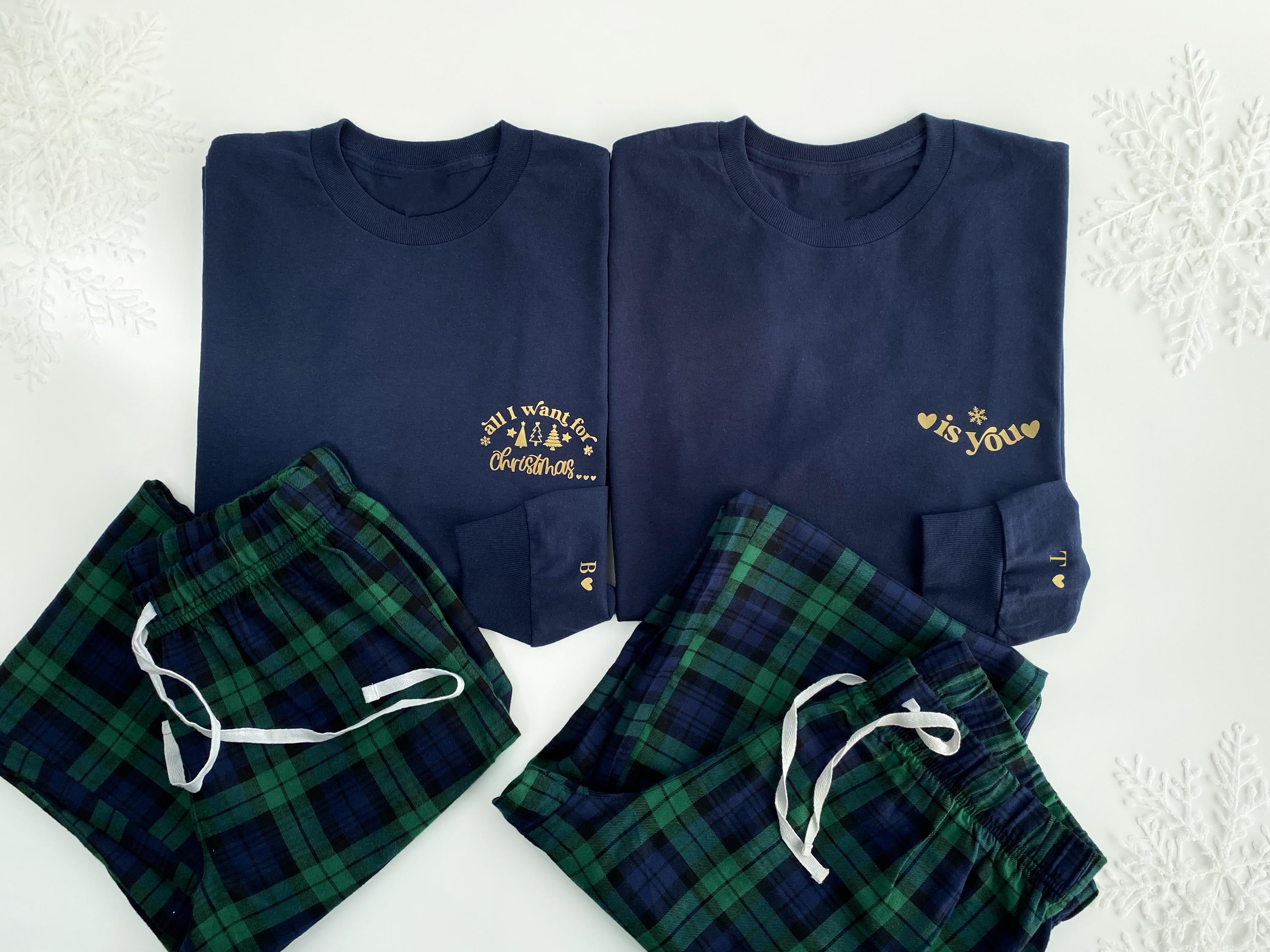 Generisch Weihnachts Paar Pyjama Set, Marineblau Und Grün Kariert