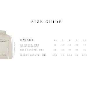 May include: Size guide for a unisex hoodie with measurements in centimeters for chest, body length, and sleeve length. Sizes range from XS to 2XL.