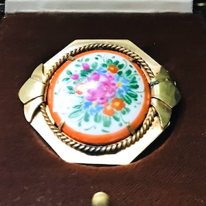 Cabochon Brass Brooch in Limoges Porcelain, Floral decor, numbered, in a presentation case France 1950s