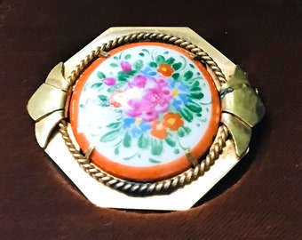 Cabochon Brass Brooch in Limoges Porcelain, Floral decor, numbered, in a presentation case France 1950s