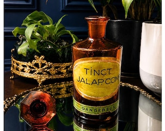 Antique Pharmacy bottle in amber brown blown glass, Tinct. Jalap. Comp. Pharmacy Bottle, Curiosity Collection, Old Druggist Bottle 1900s