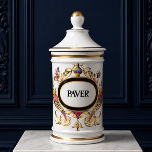 Peut inclure: Un pot en céramique blanc avec un couvercle, des bordures dorées et des motifs floraux. Le pot porte le mot "PAVER" dans un ovale noir. Le pot est posé sur une surface en marbre blanc contre un mur bleu foncé.