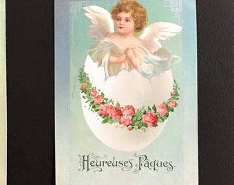 Franked Exquisite Antique French Easter Postcards, Angels and Child Colorized Chromolithography, Stamped Written France collection 1900-1910