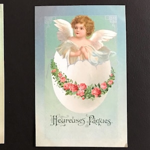 Franked Exquisite Antique French Easter Postcards, Angels and Child Colorized Chromolithography, Stamped Written France collection 1900-1910