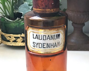 Antique LAUDANUM SYDENHAM Medicine Bottle Napoleon III,Pharmacy Jar, in amber blown glass, porcelain label, painted tin lid, France 1850s