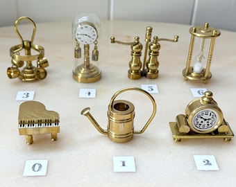 Choose Vintage brass miniatures, Dollhouse, Diorama, Victorian Dollhouse Furniture Cartel Glass Globe, Mantel clock hourglass, piano...1970s