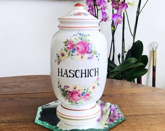 Big French Vintage HASCHICH Pharmacy Jar in Glazed earthenware with roses violets and forget-me-nots decor France