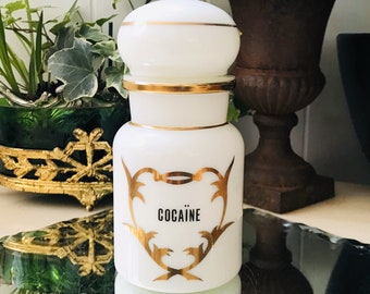 Vintage COCAINE Opaline Pharmacy Jar, White and Gold Opaline Medicine Jar, Vintage Retro 1950s