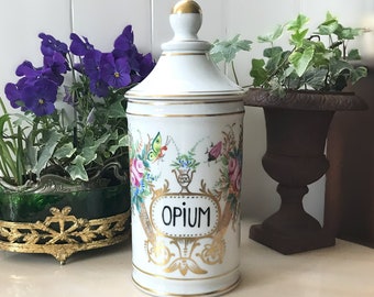 OPIUM Pharmacy Jar in Limoges Porcelain signed by J. Dumont, Floral and Insects Decor, Pharmacy, Apothecary Collection France 1950s