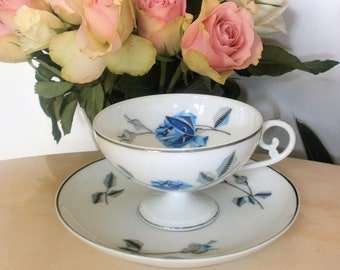 Art deco Limoges footed tea cup and saucer blue roses//Antique Français Art Deco//Collection tea cup//Mother's day gift