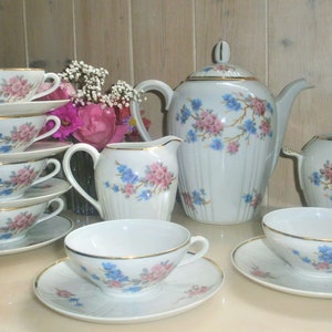 Antique Art Deco Tea set in Porcelaine de Limoges Japanese Lavender blue and Pink Blossom pattern France 1930's