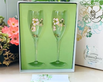 Set of 2 Champagne Glasses flutes PERRIER-JOUËT in presentation case, Belle Epoque, Anémones Emile Gallé, Enamelled Crystal Made in France