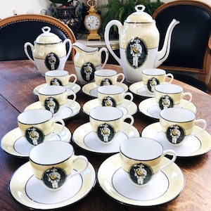 Antique Art Deco Coffee set Limoges Porcelain France signed by A. MASSÉ, Pierrot with Mandolin Decor , 25 parts 1920s