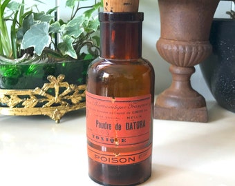 POISON Antique Pharmacy bottle in amber brown blown glass, DATURA (Datura Powder) Pharmacy Bottle, Curiosity Collection 1900s