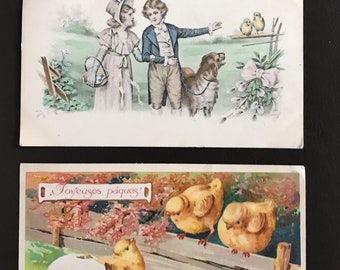 Franked Antique Easter Postcards, Chromolithography, Stamped Written France collection 1900-1910