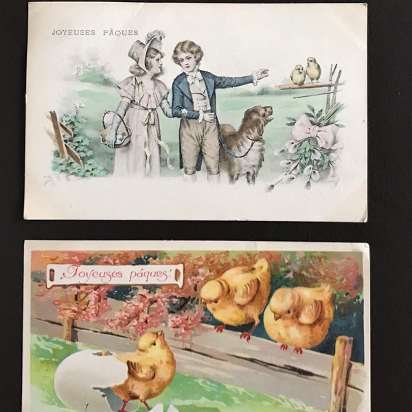 Joyeuses Pâques Cartes Postales Anciennes Chromolithographies, Poussins, Golden Retriever, Timbrées Ecrites France CPA collection 1900-1910