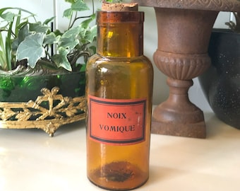 POISON Antique Pharmacy bottle in amber brown blown glass, NOIX VOMIQUE (Strychnos nux-vomica) Pharmacy Bottle, Curiosity Collection 1900s