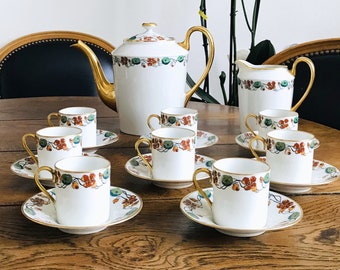 Antique Art Deco Coffee set Limoges Porcelain France Unique signed Marsac Frères, 8 persons, 18 parts Handmade enamel decoration 1925s