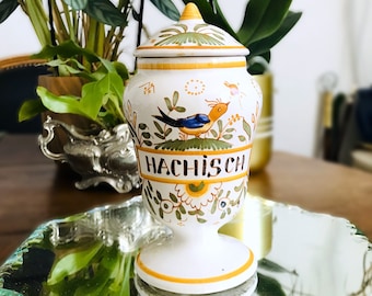 Vintage HACHISCH Apothecary Jar, Antique Français earthenware Moustiers decor, Herbalist pharmacy collection Curiosity Cabinet