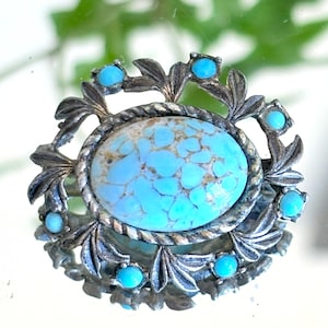 Vintage Art Deco Silvered Brass Design Brooch Turquoise Glass Paste Cabochon with glass Pearl, Parisian Style Chic and elegance from the 30s