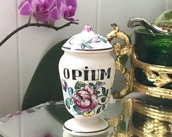Vintage OPIUM Pharmacy Jar, Antique Français earthenware of Desvres Strasbourg by Geo Martel decors, pharmacy collection Curiosity Cabinet