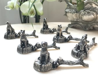 Vintage Tableware 6 Zoomorphic Knife Holders in Silver Metal different breeds of Dogs sitting on a wooden branch