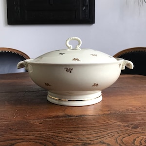 Vintage Limoges Porcelain Ivory Tureen with Golden Floral Decor signed A. Lanternier & Cie France 1950s