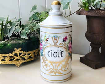 CIGÜE Pharmacy Jar in Limoges Porcelain signed by J. Dumont, Floral and Insects Decor, HEMLOCK Pharmacy, Apothecary Collection France 1950s