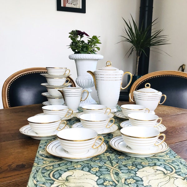 Art deco complete Tea Set White and Gold porcelaine of Limoges France Manufacture La Châtre-sur-Cher By Gaston Sailly 1930's