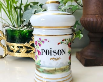POISON Pharmacy Jar in Limoges Porcelain Vintage Français with polychrome decoration of Foxglove and Poppy flowers, Curiosity Pharmacy 1950s