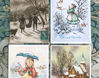 4 Cartes Postales Anciennes Ecrites Voeux de Bonne Année, enfants et paysages, dont une signée Luce ANDRÉ, 1940-1960 France CPA collection