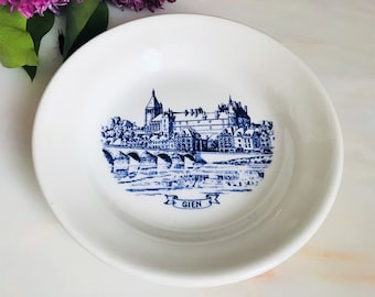 French Bistro Coupelle Publicitaire Landscape of Gien  Blue transferware, Gien France 1970