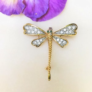 Vintage Dragonfly Brooch Golden metal decorated with Rhinestones 1950