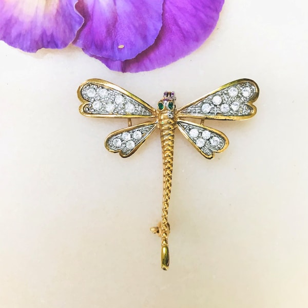 Vintage Dragonfly Brooch Golden metal decorated with Rhinestones 1950