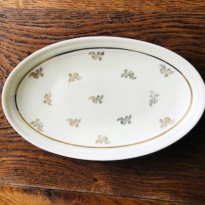 Vintage Limoges Porcelain Ivory Small hollow and oblong dish with Golden Floral Decor signed A. Lanternier & Cie France 1950s