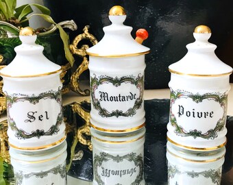 Old Spice Jar Set, Pepper, Salt and Mustard style Pharmacy jar, apothecary porcelain Limoges France 1950s