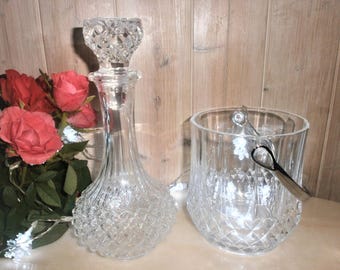 Vintage Crystal Glass Carafe and Ice Bucket