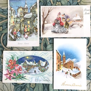 4 Cartes Postales Anciennes Ecrites Voeux de Bonne Année, enfants et paysages, Paillettes 1950-1960 France CPA collection