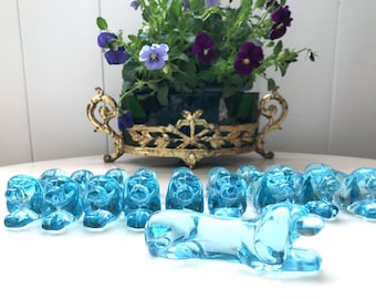French Art Deco 10 Knives rests, Dogs in Lagoon Blue Depression Glass, Tableware 1930s