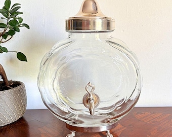 Antique French Absinthe Fountain, Thick Blown Bubble Glass Beverage Dispenser, Silver Plate Lion Feet, Barware, Art Deco 1950s