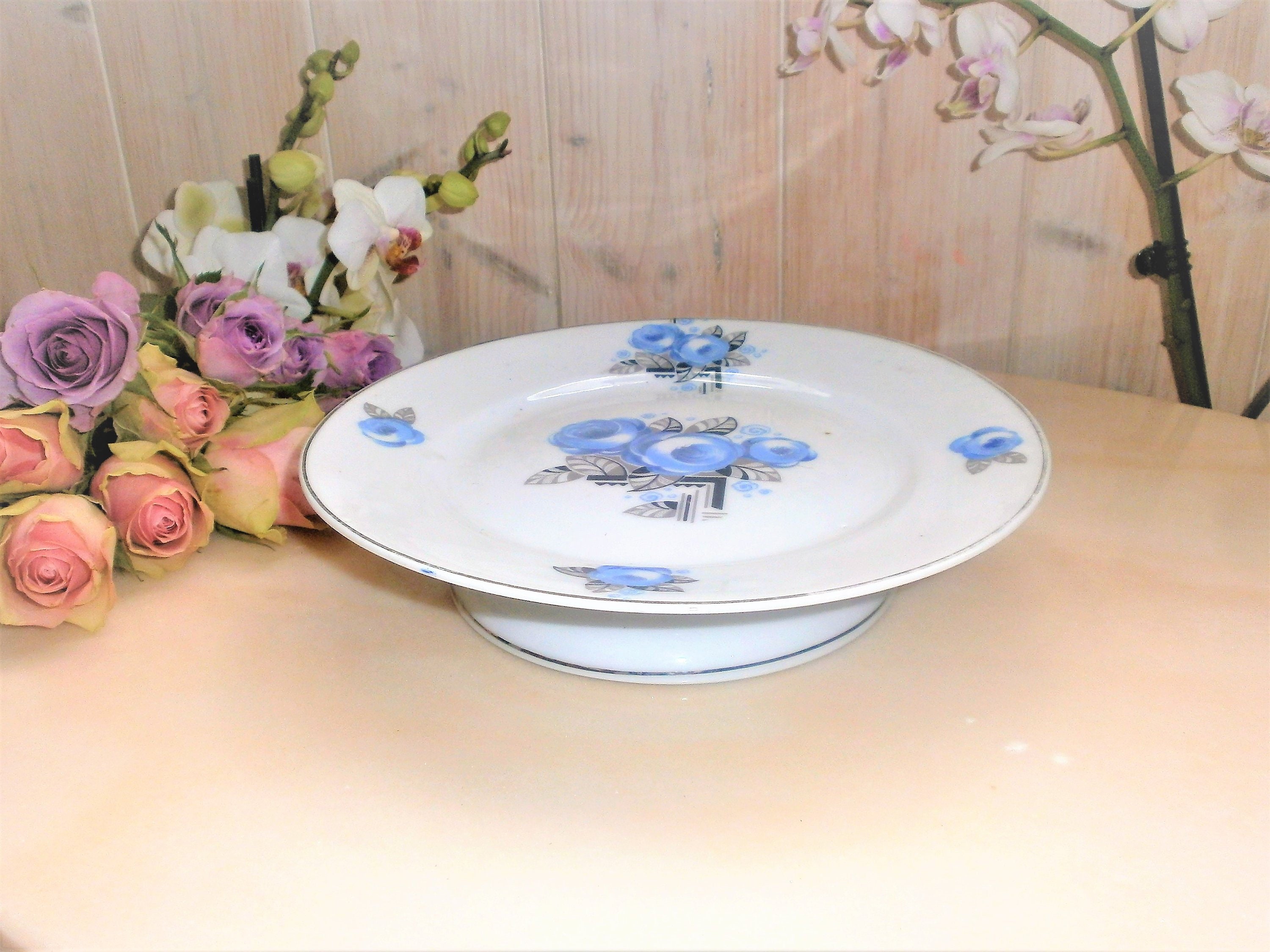 Art Déco Compotier en Porcelaine Au Décor de Roses Bleues Moderniste 1930