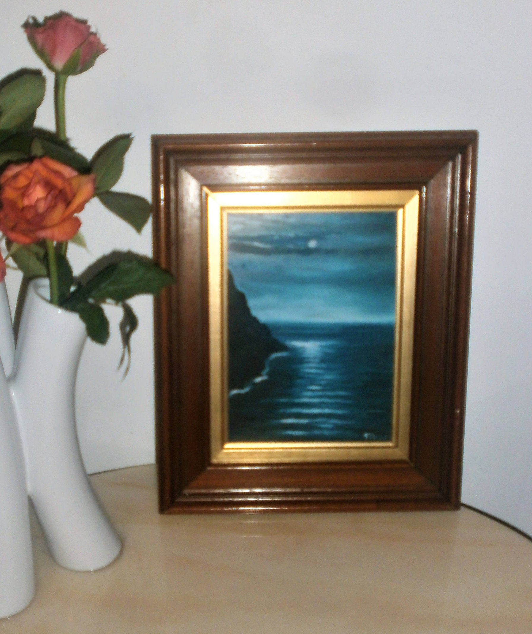 Français Vintage Painting Oil Signed Frioux// Huile sur Panneau Lune Mer Signé Frioux Cadre en Bois 