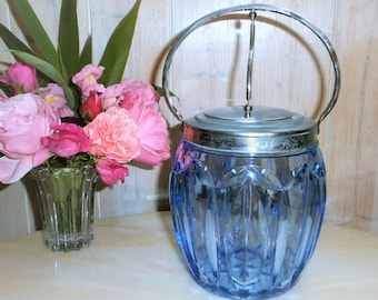 Art Deco Cookies Jar Blue Depression Glass and Silvered Metal lid, Kitchen decor, Retro France 1920s