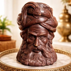 Peut inclure: Buste détaillé d'un homme avec une longue barbe et un turban. La sculpture est de couleur brun rougeâtre foncé avec des accents dorés sur le turban. Le buste est placé sur un plateau décoratif à bordure dorée.