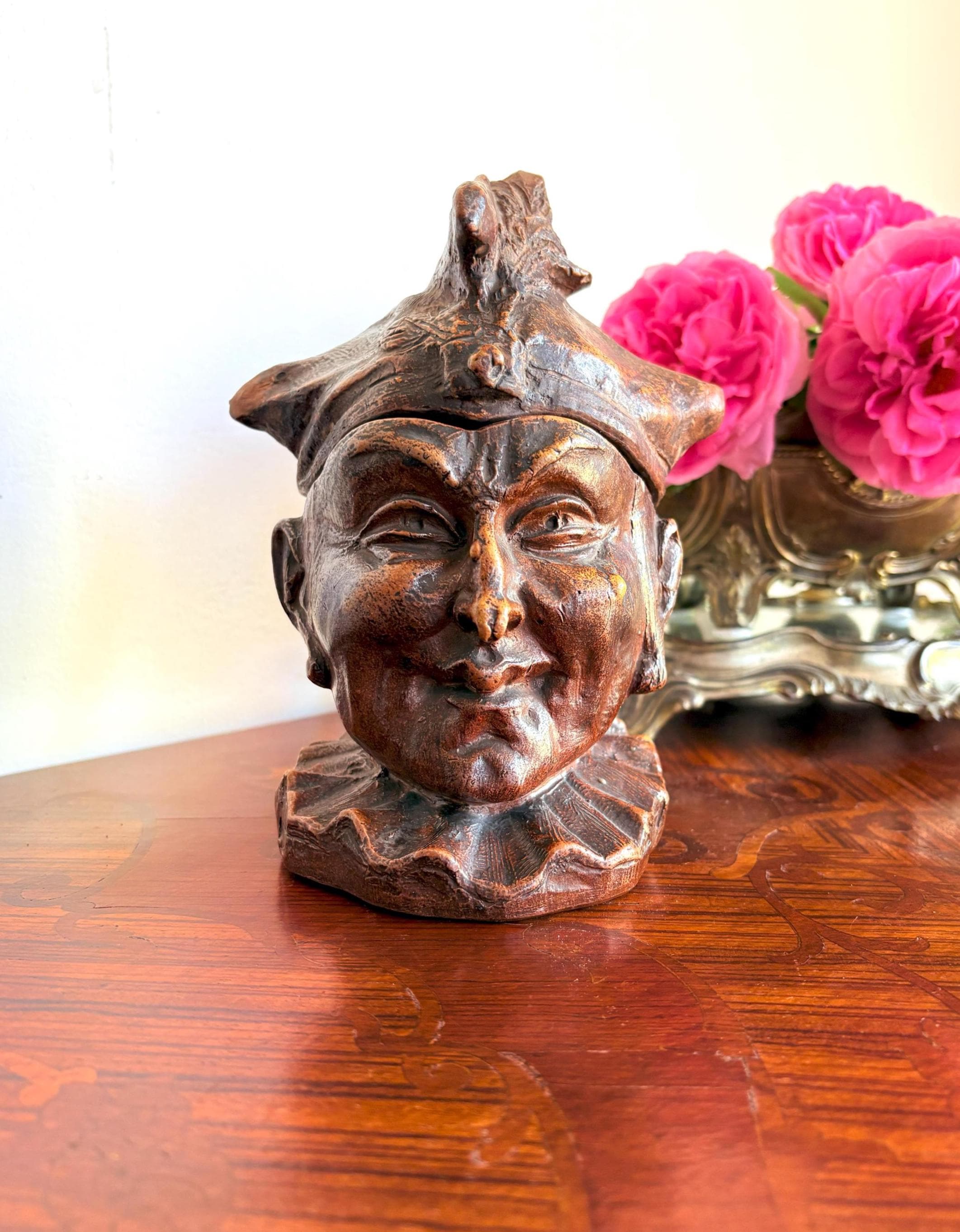 Exceptional Antique Grotesque Anthropomorphic Tobacco Jar, Handcrafted Glazed Stoneware, Commedia Dell'Arte Character, France 19th Century