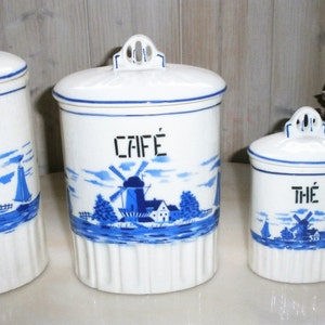 Vintage Spice Canisters White and blue Transferware earthenware Czechoslovakia 1937 zdjęcie 1