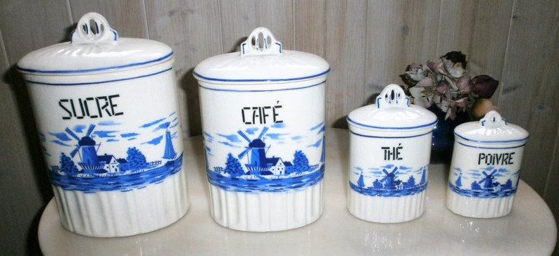 Vintage Spice Canisters White and blue Transferware earthenware Czechoslovakia 1937 image 1