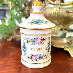 OPIUM vintage Pharmacy, Apothecary jar signed Limoges Porcelain, Vegetal and floral Decoration Made in France