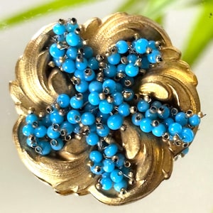 Art Deco Blue Beaded Brooch, Antique Brass Gold Floral with Turquoise Blue Glass Beads – 1920s Style Statement Jewelry, USA Duties Included